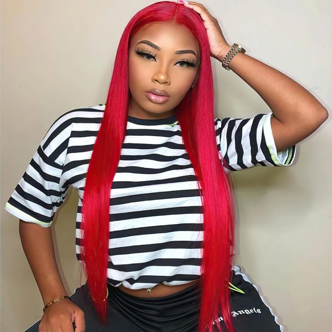 straight red human hair wig