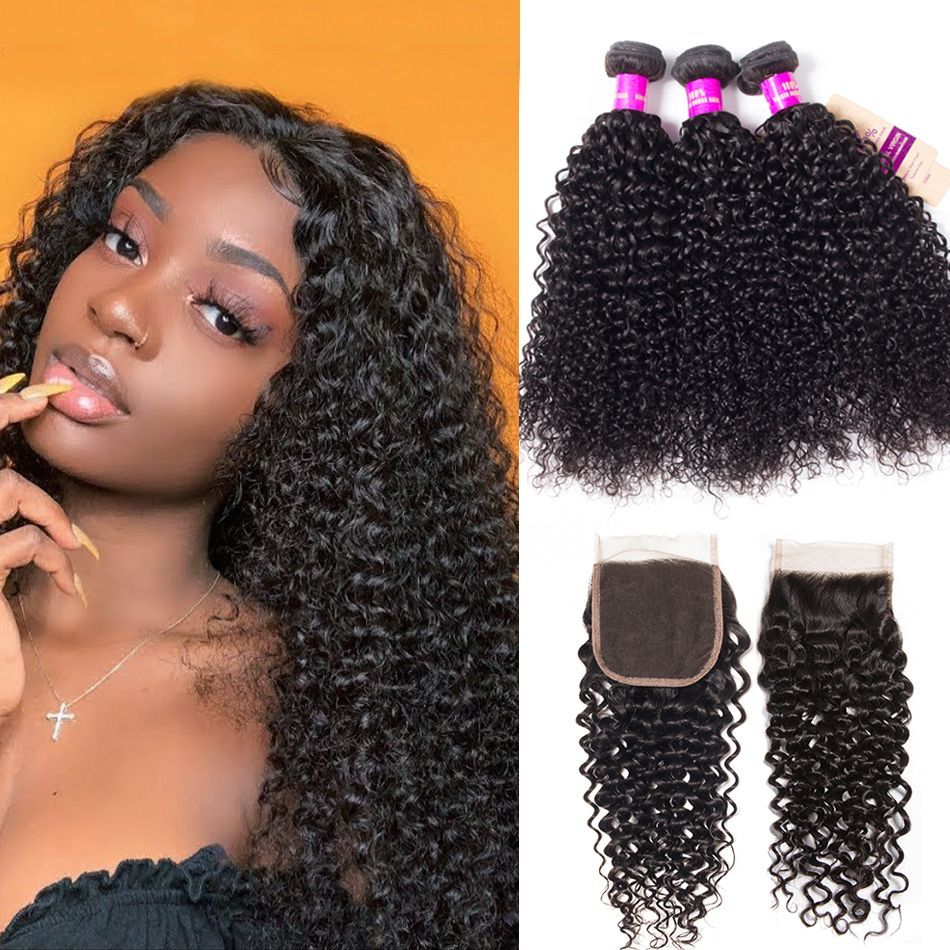 Curly Wave 3 Bundles Human Hair With 4×4 HD Lace Closure