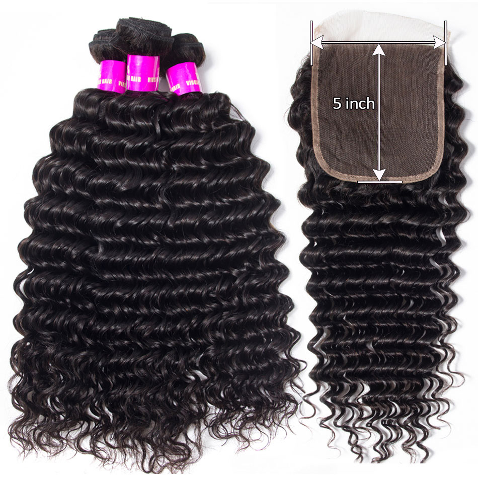 Deep Wave 3 Bundles With 5×5 HD Lace Closure Brazilian Virgin Human Hair Deals