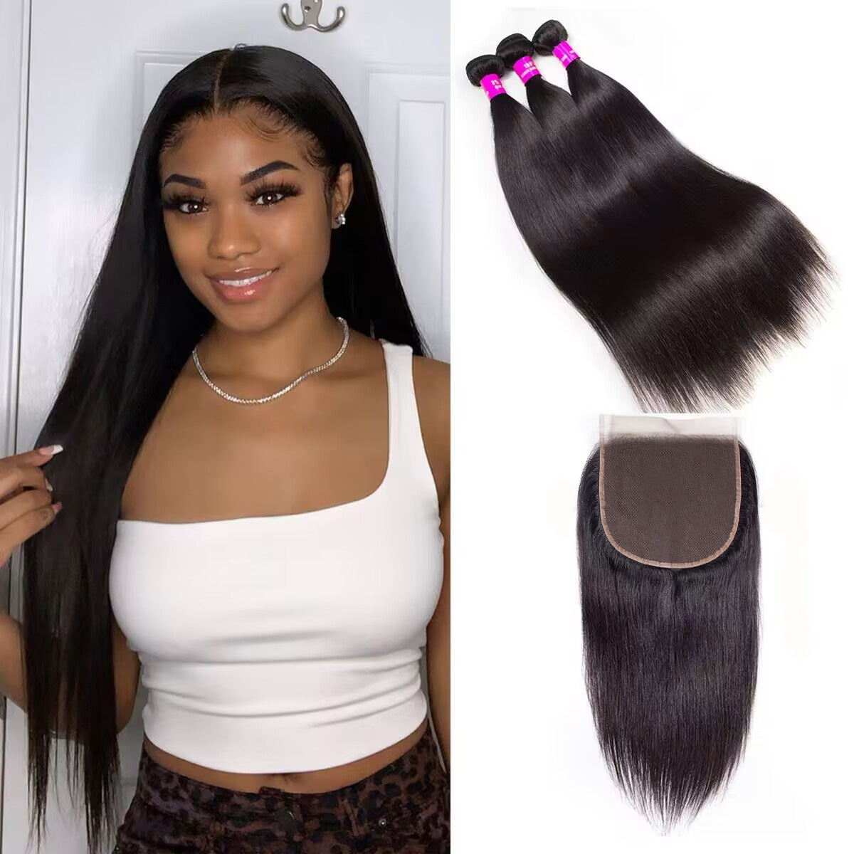 6×6 HD Lace Closure with 3 Bundles Brazilian Straight Hair