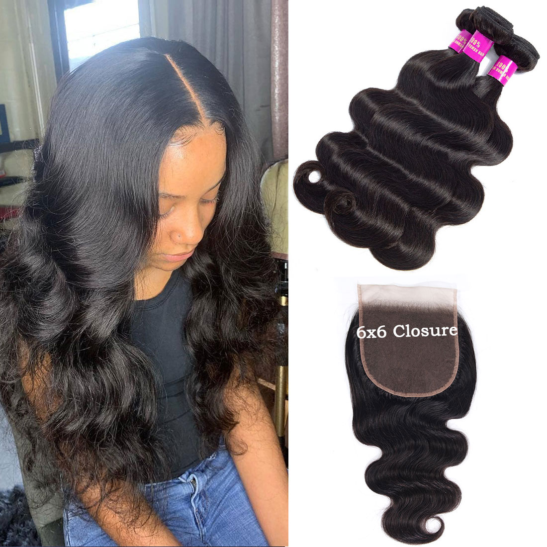 Body Wave 6×6 HD Lace Closure With 3 Bundles
