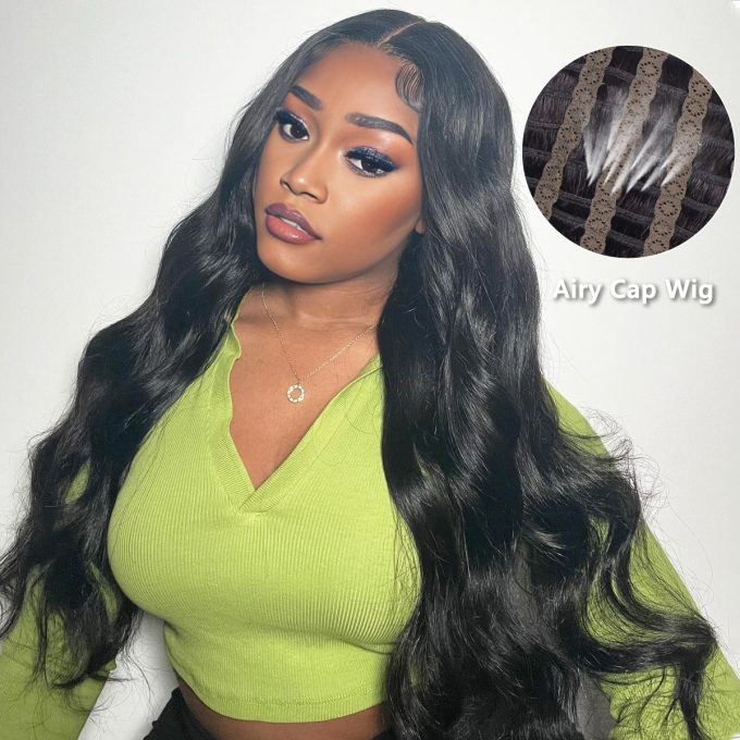 body wave airy cap human hair wig