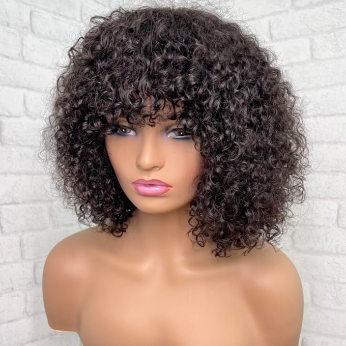 Curly Short Pixie Cut Bob Human Hair Wig with Bangs