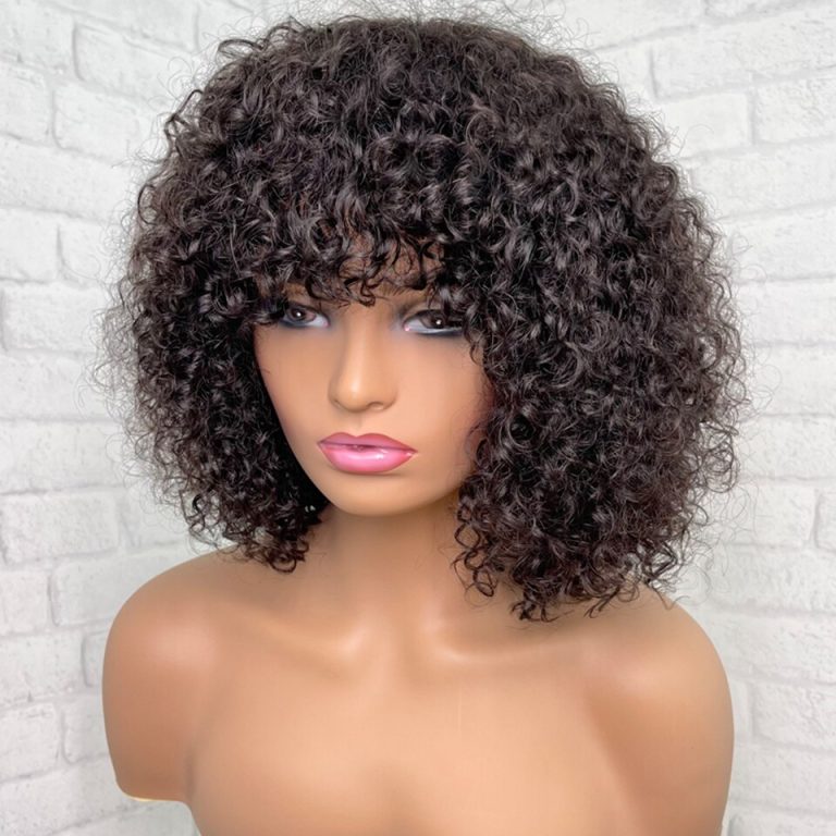 Curly Short Pixie Cut Bob Human Hair Wig with Bangs