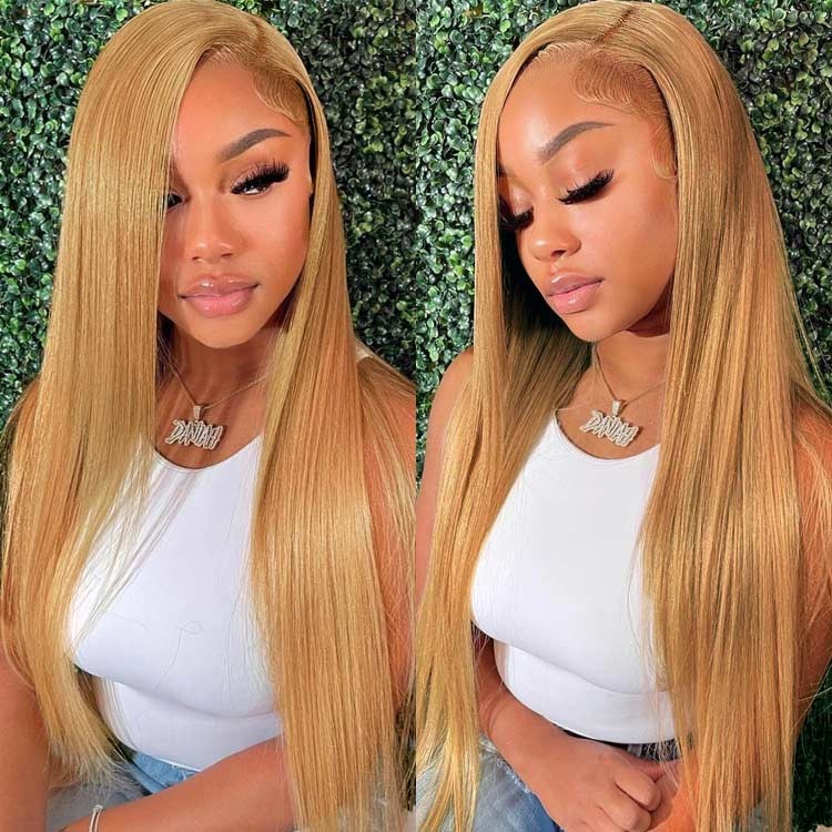 Honey Blonde #27 Colored Straight Human Hair Wig 5×5 13×4 Full Frontal Lace Wig