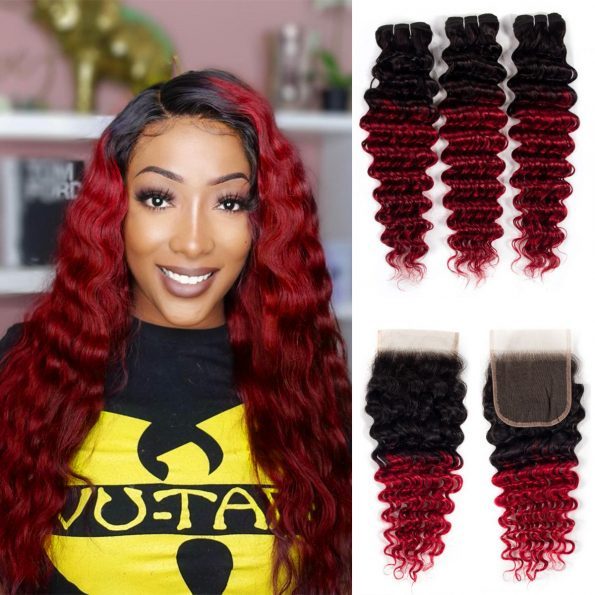 T1B/red Brazilian Virgin Hair Deep Wave 3 Bundles With Lace Closure