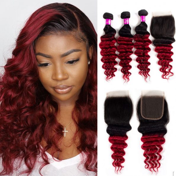 Ombre T1B/Red Brazilian Loose Deep Wave 3 Bundles With Lace Closure Ombre Virgin Hair