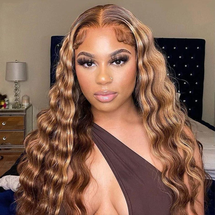 Highlight Honey Blonde Glueless Loose Deep Wave 5×5 13×4 Undetectable Lace Wigs 180% Density