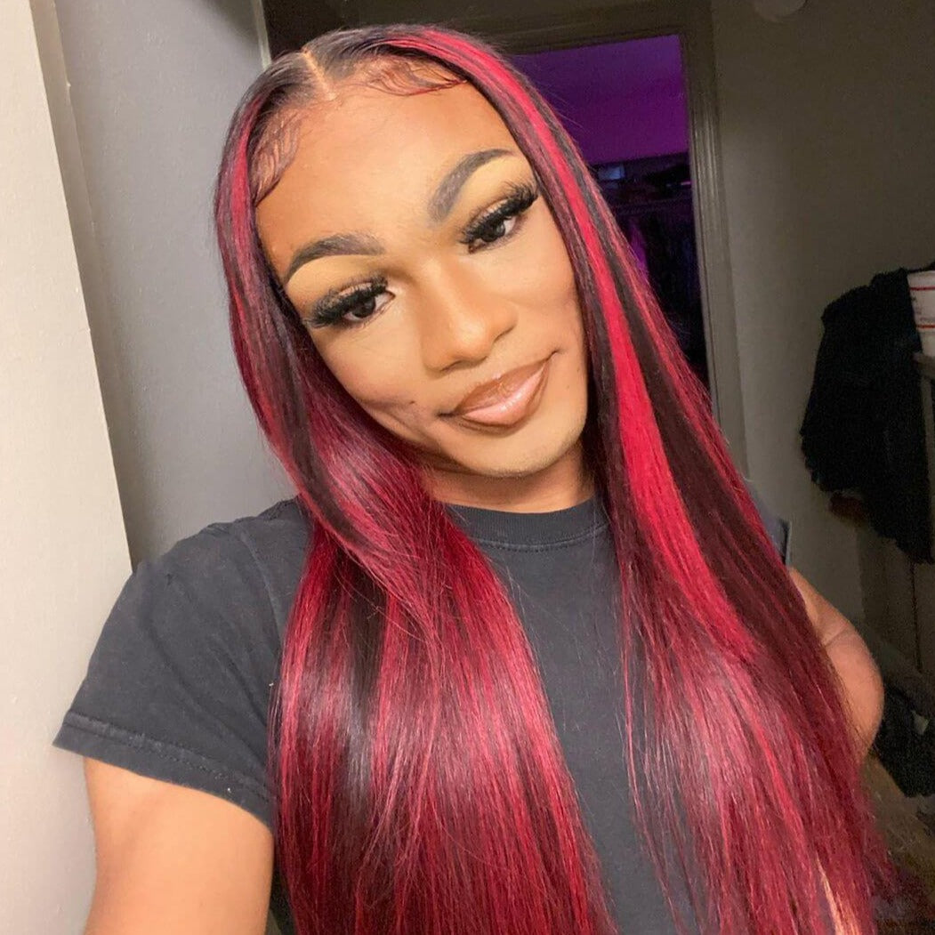 99J Burgundy with Red Highlight Straight Hair Glueless HD Lace Full Frontal Wig Piano Color Unit
