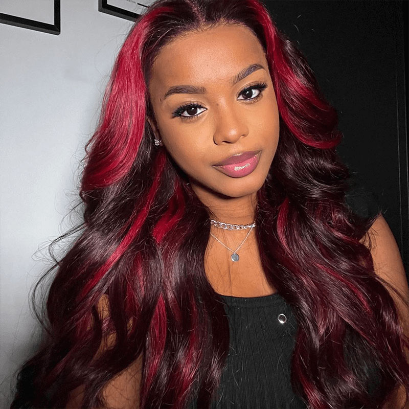 Burgundy Color Body Wave With Red Highlight Glueless HD Lace Full Frontal Wig Piano Color Unit