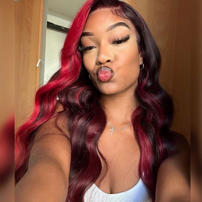 Burgundy Color Body Wave with Red Highlight Wig