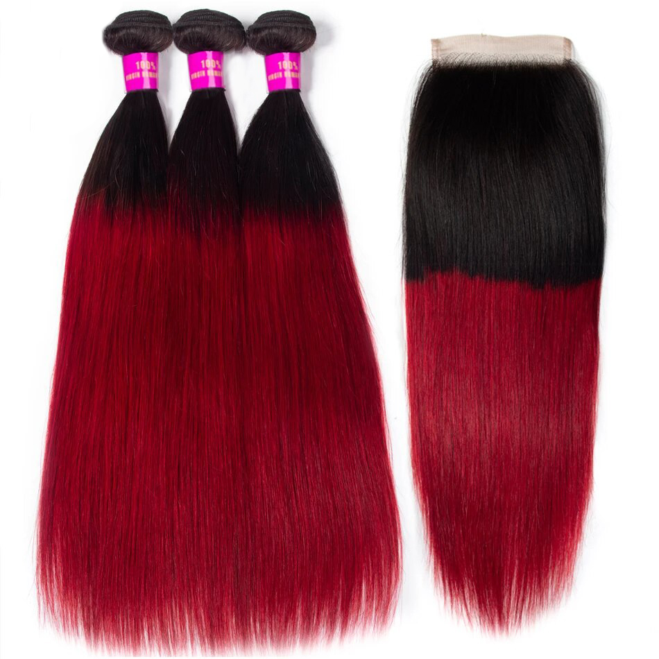 Ombre Color T1B/Red Brazilian Straight 3 Bundles With Closure Virgin Hair