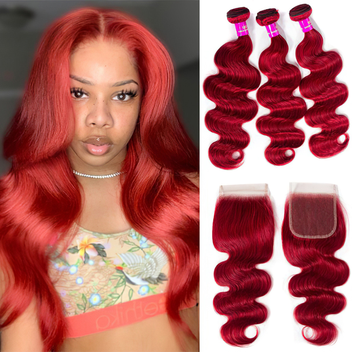 Brazilian Red Color Body Wave 3 Bundles With Lace Closure Virgin Human Hair