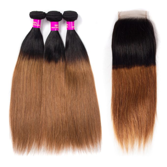 Ombre 1B/30 Straight Hair Bundles With Lace Closure