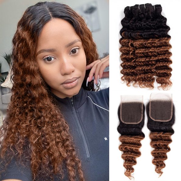 T1B/30 deep wave 3 Bundles With lace Closure