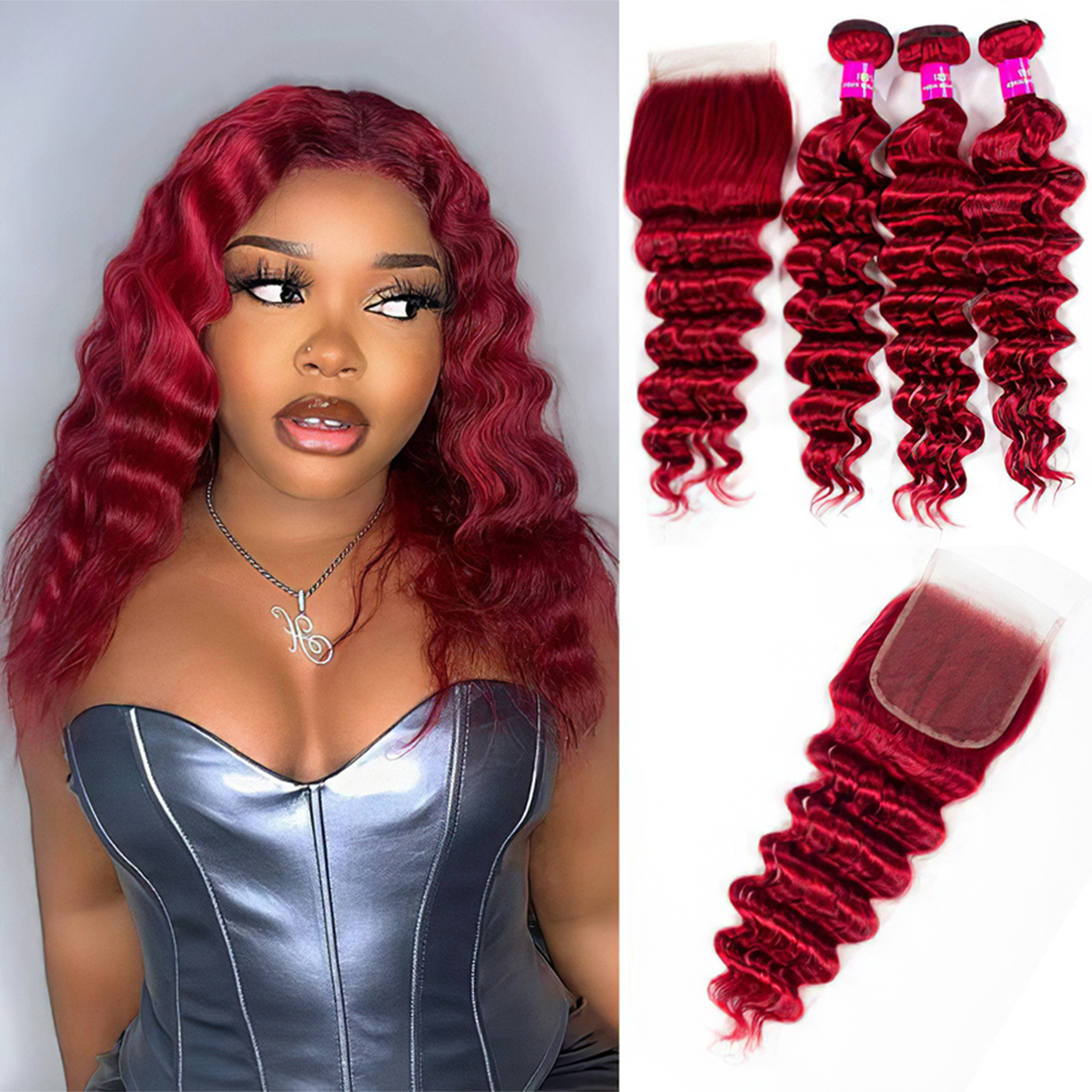 Brazilian Red Color Loose Deep Wave 3 Bundles With Lace Closure Virgin Human Hair Bundles With Lace Closure