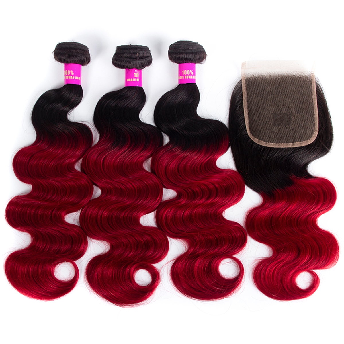 1B Red Ombre Hair Brazilian Body Wave 3 Bundles With Closure