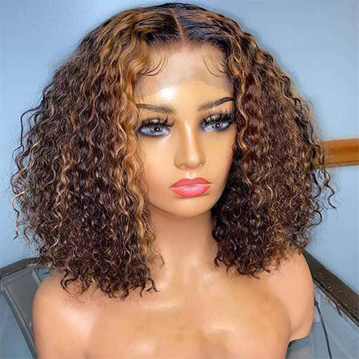 Mix Color Brown Short Curly Bob Highlight 4/27 13×4 Lace Front Wig