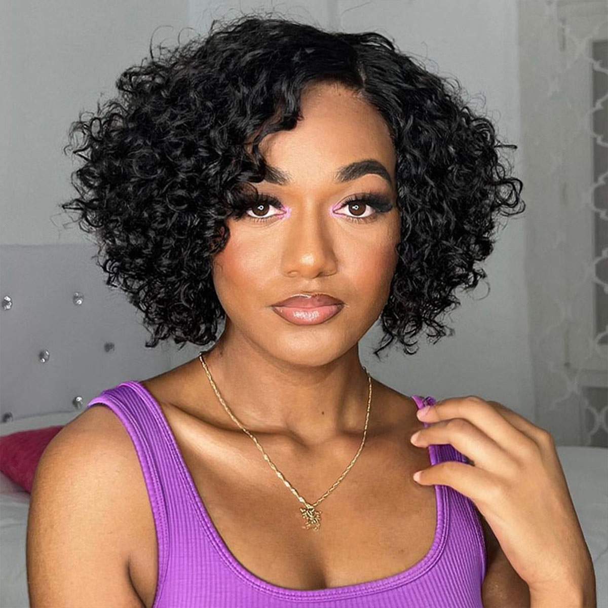 Trendy Pre-Bleached Knots Short Cut Curly Wig Minimalism Glueless HD Lace Side Part Wig